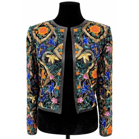 Caché Jackets & Blazers - Vintage Cache Womens Open Front Jacket Small Black Silk Ornate Floral Beaded